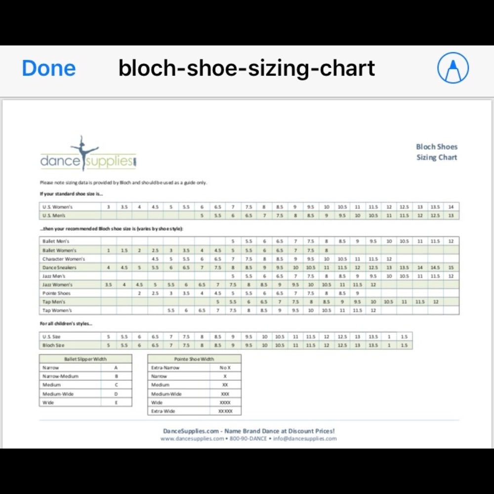 CHART Bloch Dance Shoes